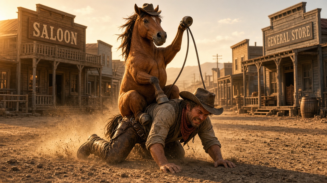 A horse wearing a tiny cowboy hat sits astride a cowboy crawling on all fours through a dusty western town at golden hour.