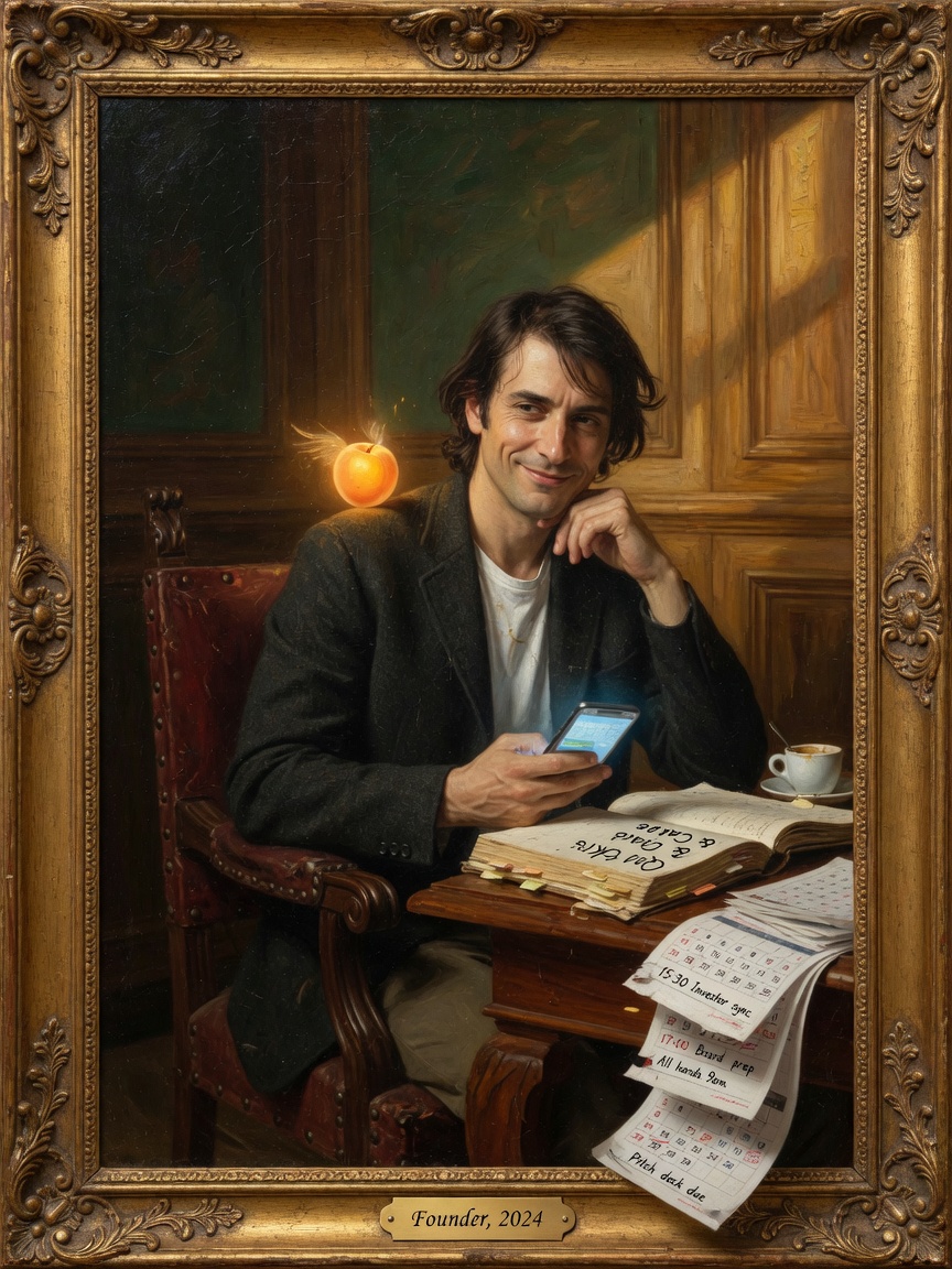 Renaissance-style oil portrait of a modern founder: knowing half-smile, dark blazer over a t-shirt, glowing smartphone in hand, a manuscript and cold espresso on the desk, calendar pages spilling off the table, and a small glowing winged orb hovering at his shoulder.