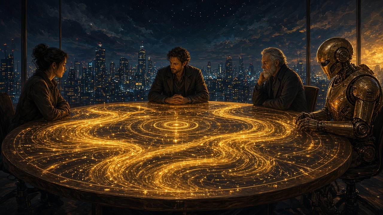 Three founders and a brass robot around a table of glowing data streams